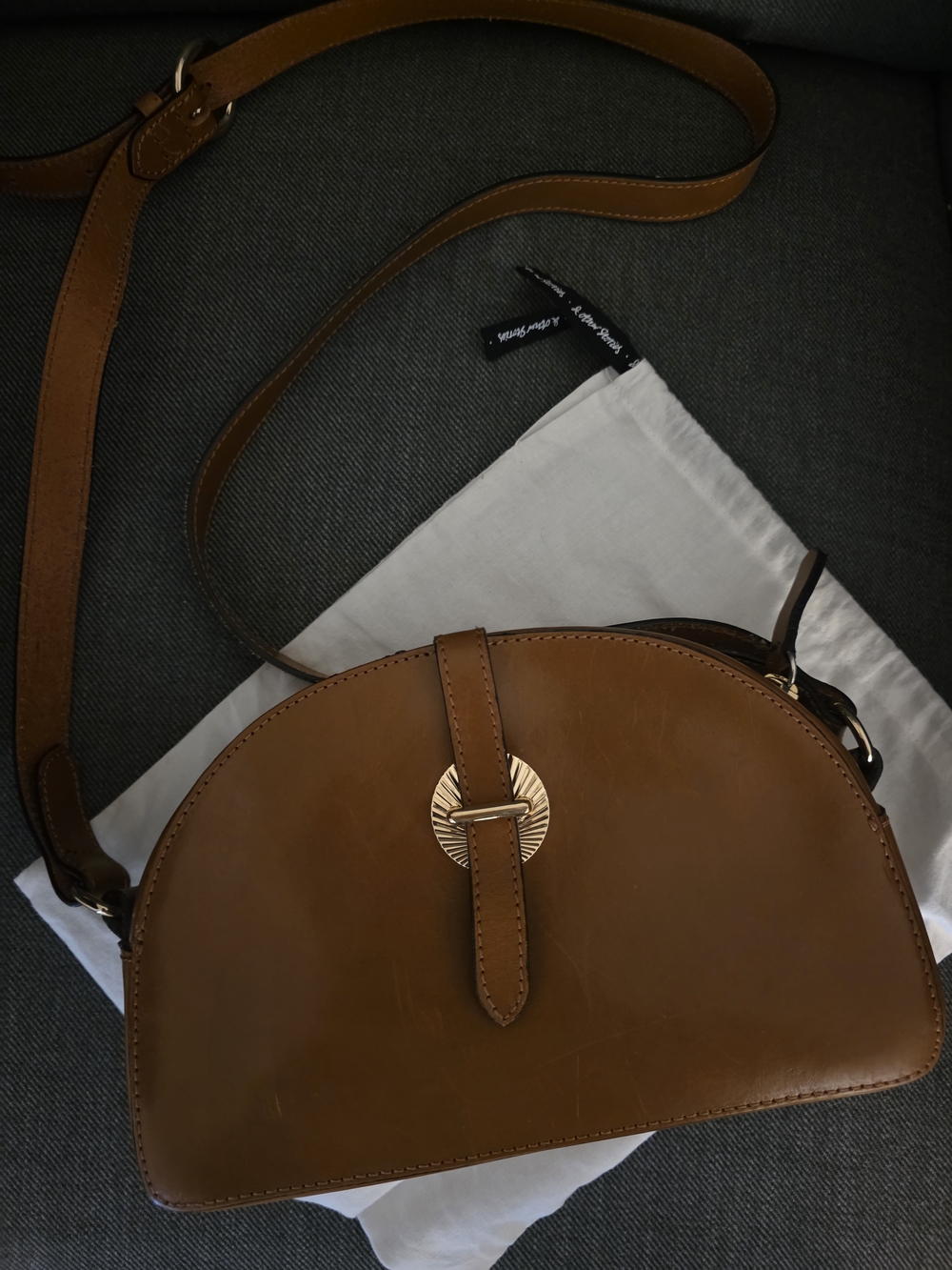 & Other Stories Tan Leather Half-Moon Crossbody with Gold Accent